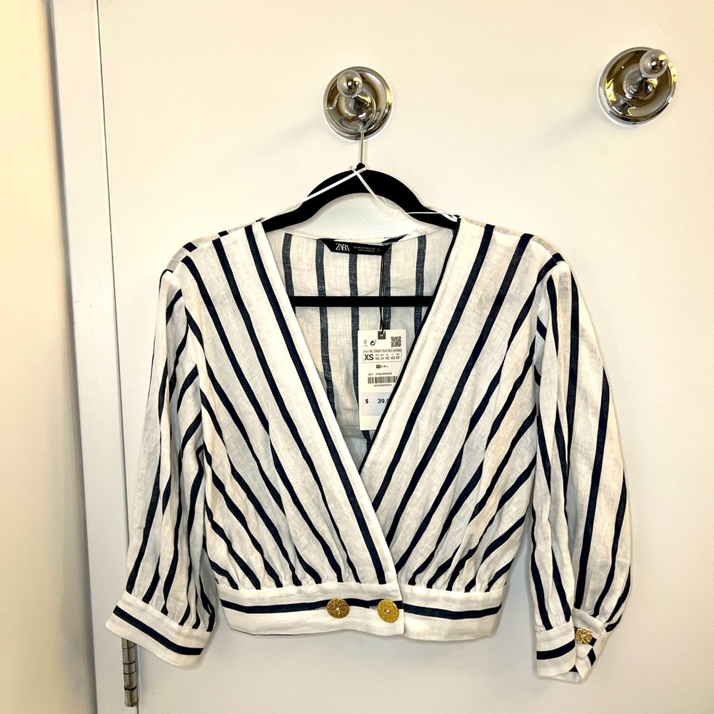 Zara cropped blue and white striped blouse with gold buttons